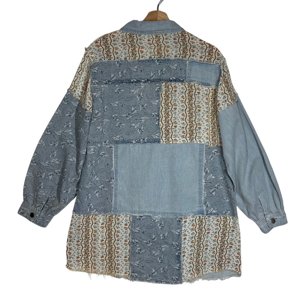 POL Patchwork Exposed Seam Button Up Top Chambray Floral Long Sleeve Boho Sz S - Picture 9 of 14